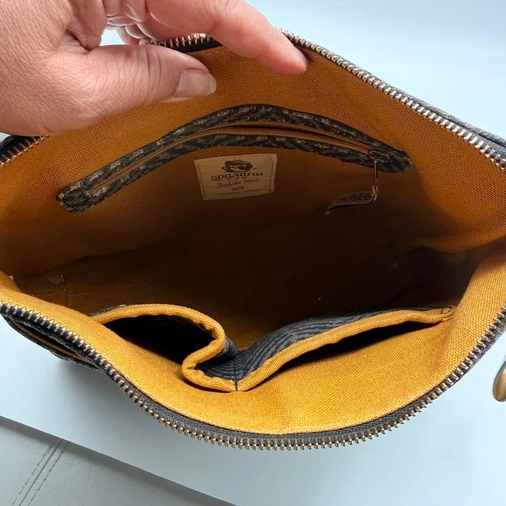Spartina 449 Herringbone Shoulder Black Boho Chic Coastal Artisan Linen Leather